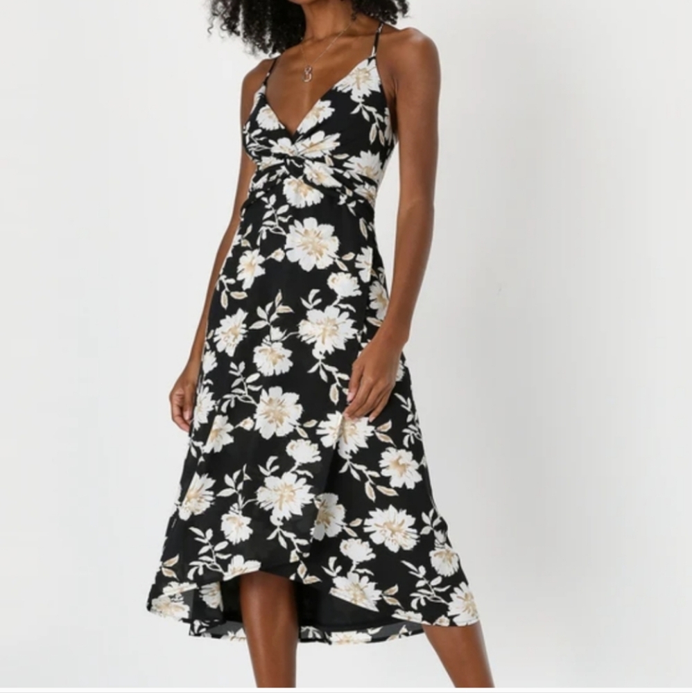 Lulus Easily Elevated Floral Print Knotted Faux-Wrap Criss Cross Midi Dress M